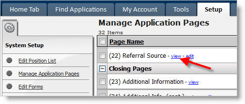 Manage Application Pages View